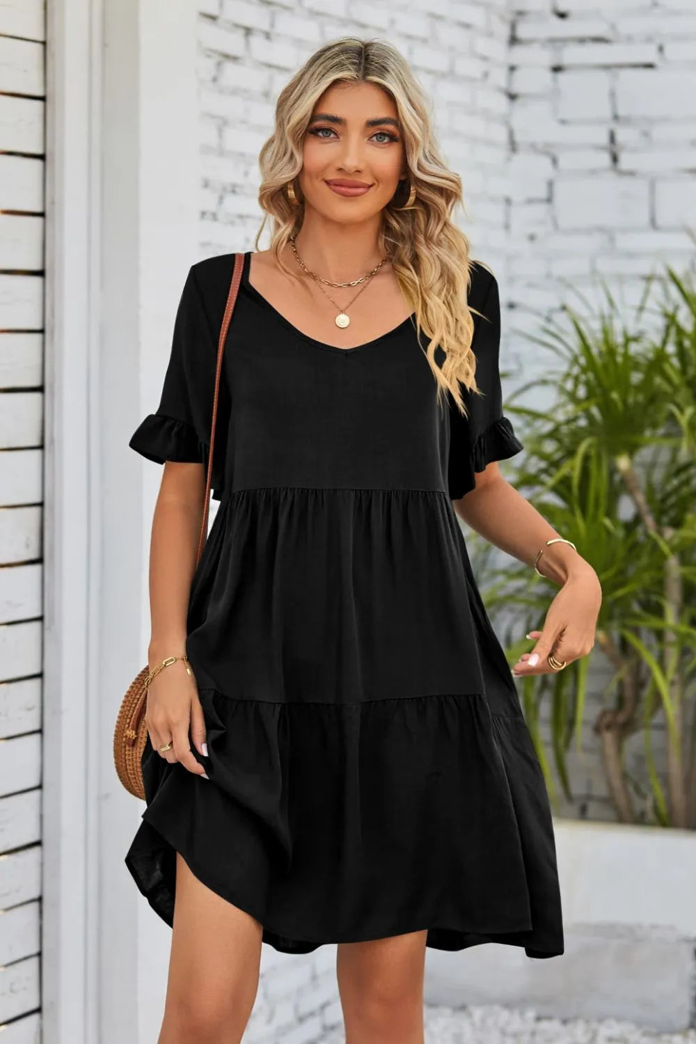 V-Neck Flounce Sleeve Tiered Dress Casual Dresses - Tophatter Daily Deals