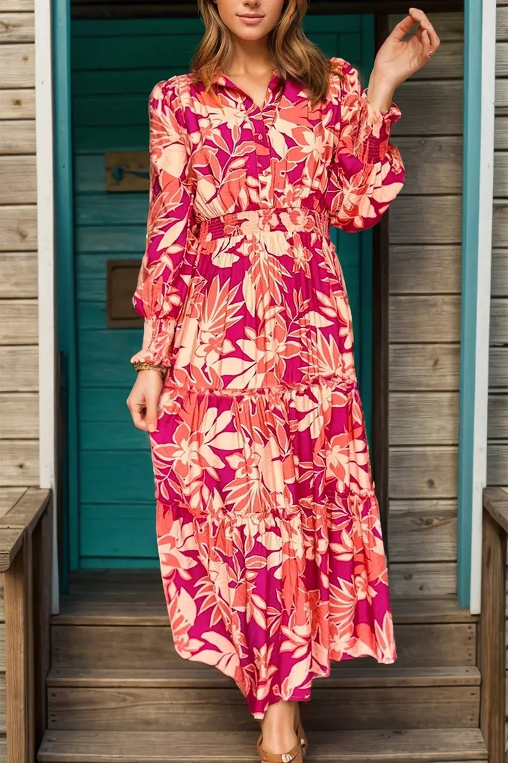Printed Collared Neck Long Sleeve Dress Strawberry Casual Dresses - Tophatter Daily Deals