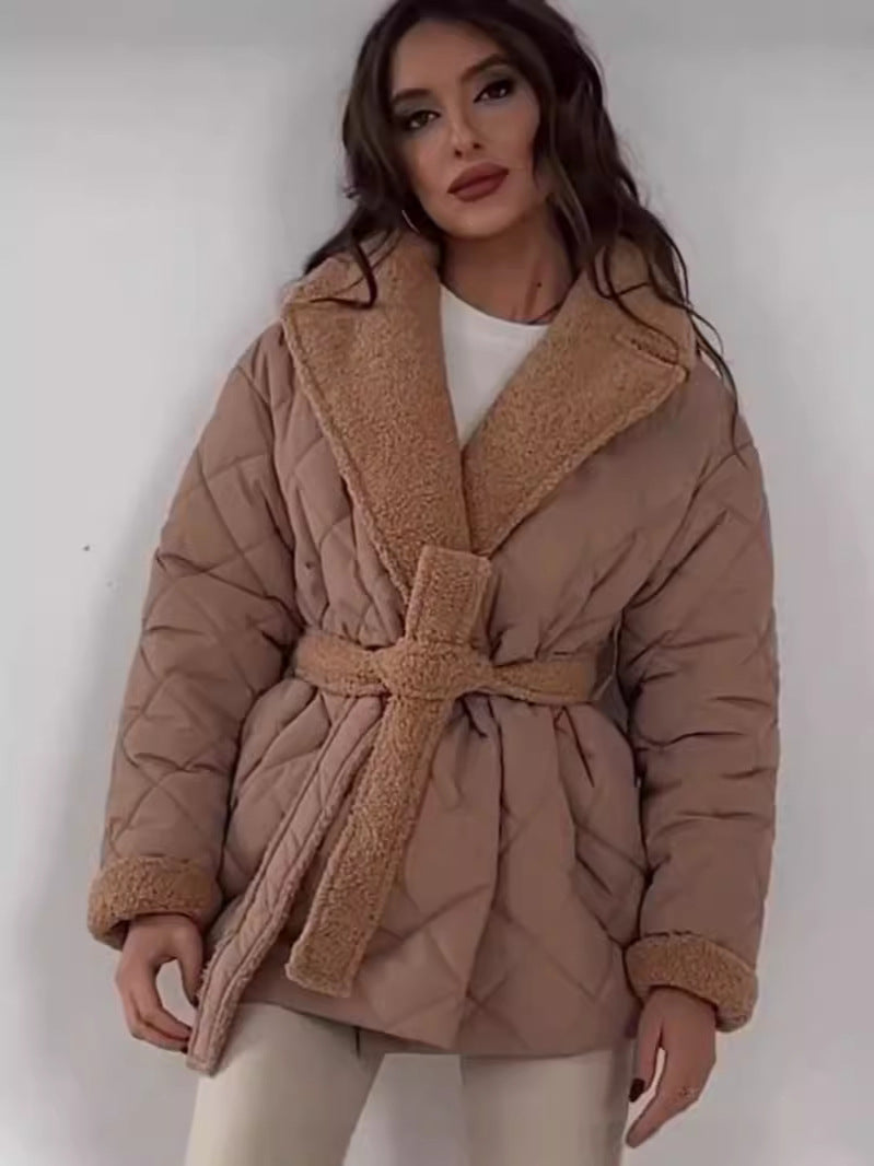 Warm Womens Coat - Quilted Sherpa Lapel, Belted Winter Dark Brown 3D Changing Face Moving Picture Frame - Tophatter Daily Deals