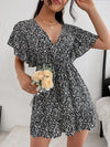 Cutout Ditsy Floral Surplice Flounce Sleeve Dress Black Casual Dresses - Tophatter Daily Deals