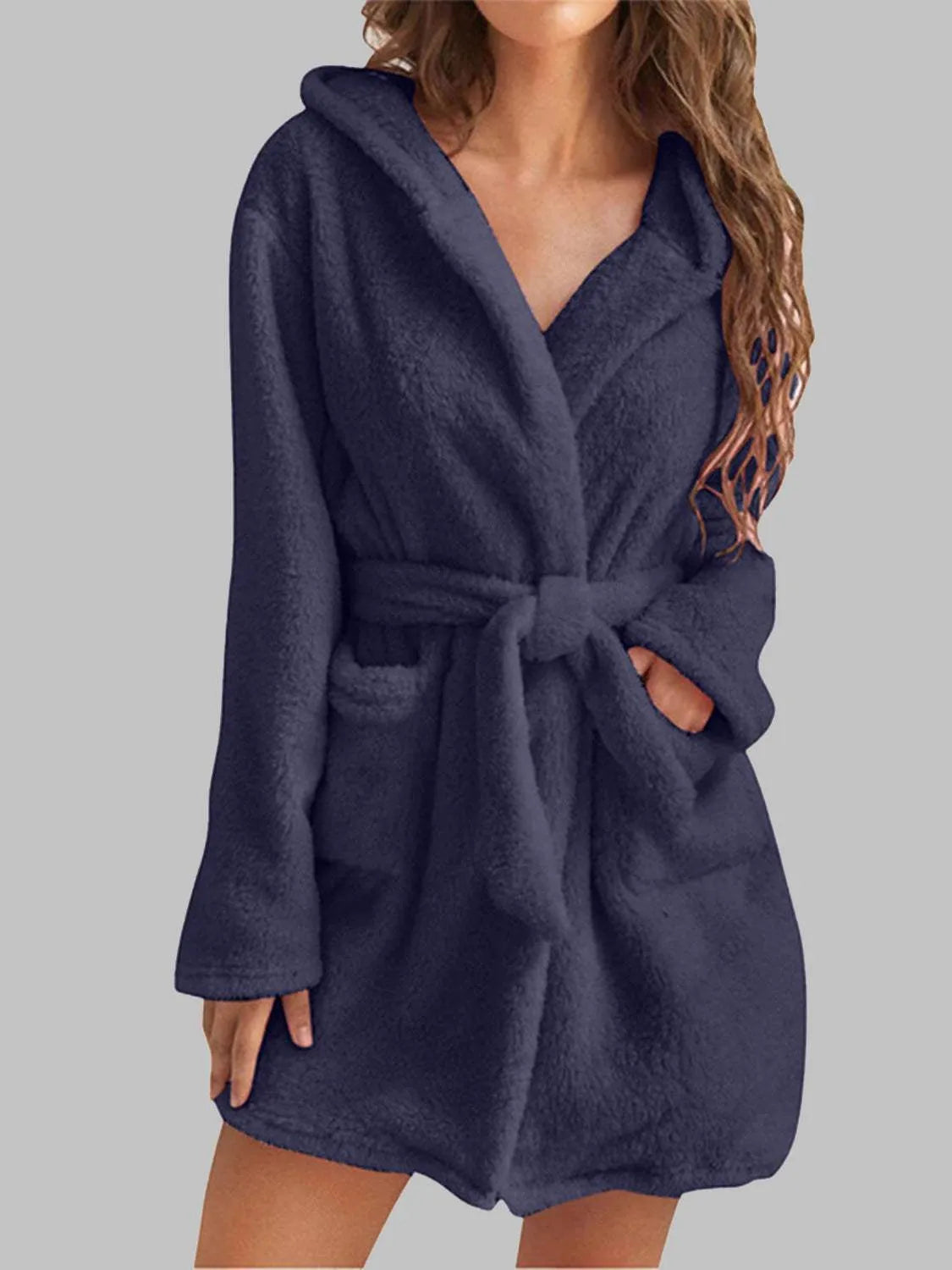 Tie Waist Hooded Robe Navy Sleep Dresses - Tophatter Daily Deals