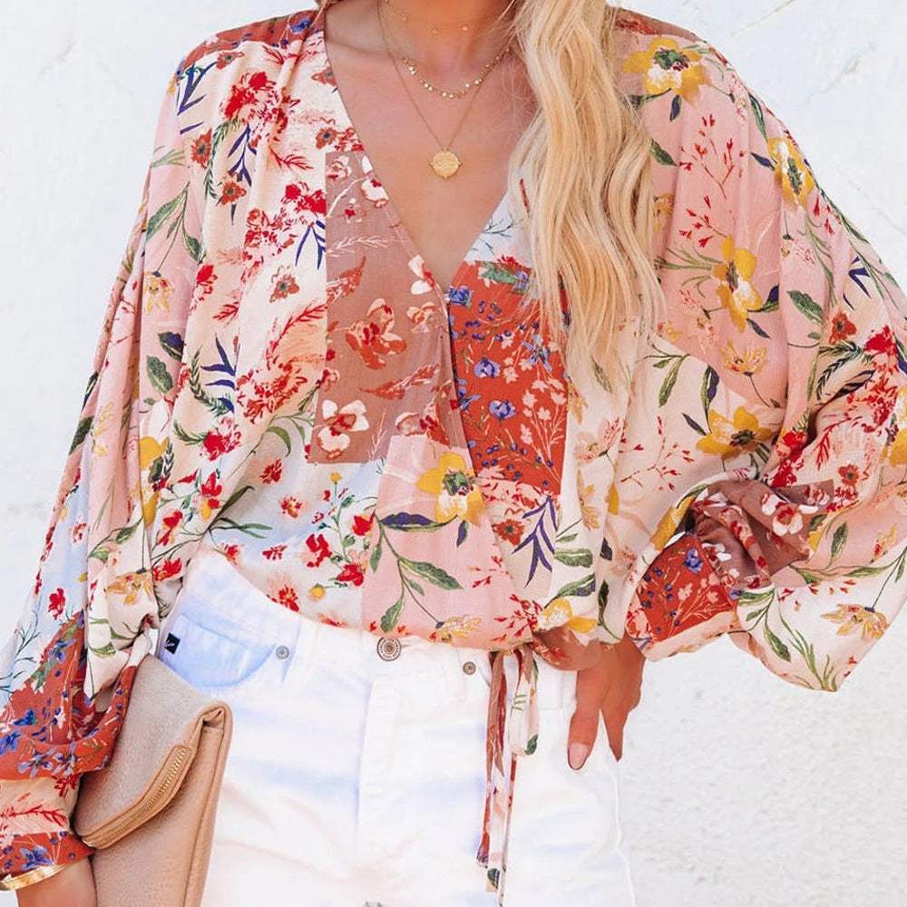 Spring And Summer Floral V-neck Long Sleeve Loose Casual Shirt Humidifier - Tophatter Daily Deals