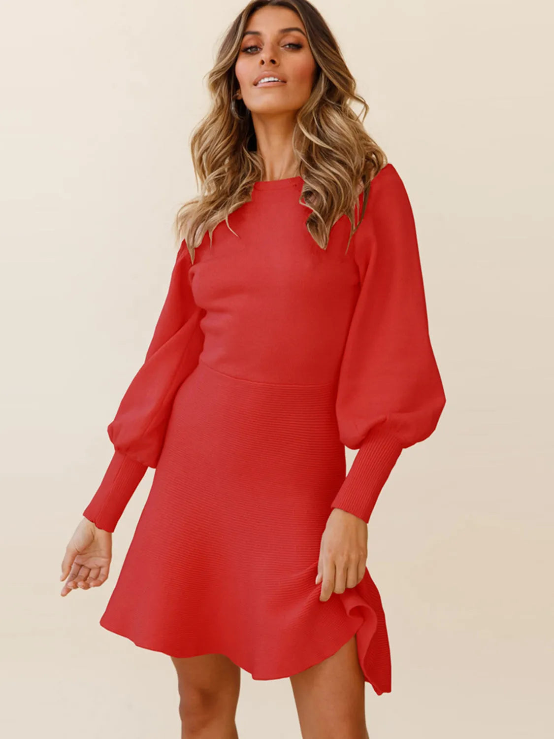 Round Neck Lantern Sleeve Sweater Dress Deep Red Casual Dresses - Tophatter Daily Deals