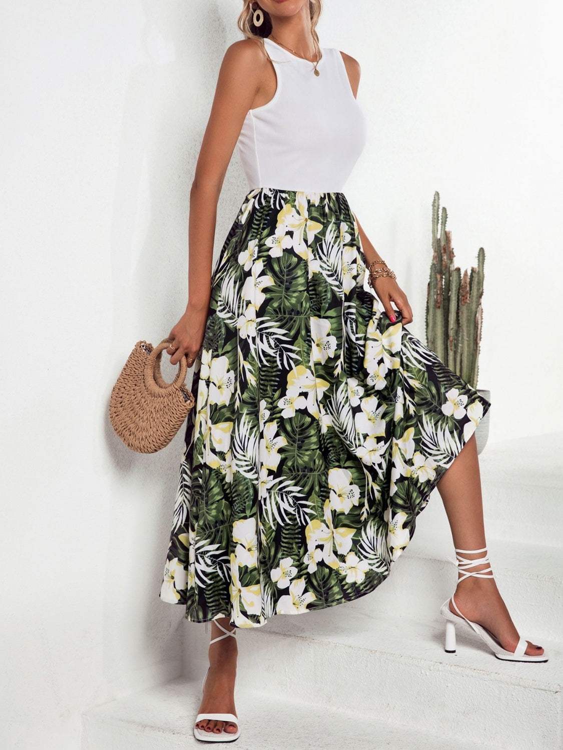 Printed Round Neck Sleeveless Dress Casual Dresses - Tophatter Daily Deals