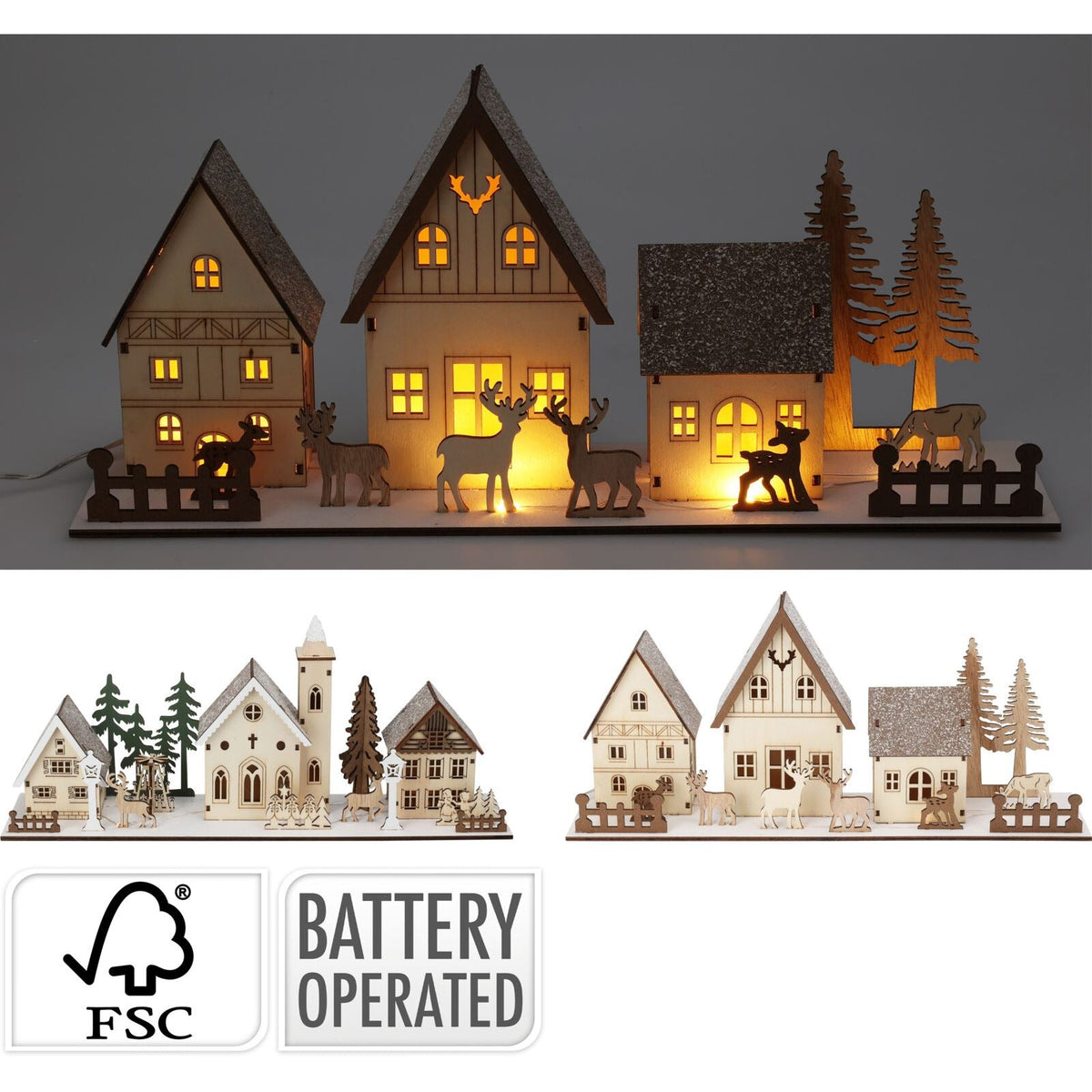 Christmas Scene Light-Up Houses | LED Wooden Winter Houses Ornament - 40cm Ornament - Tophatter Daily Deals
