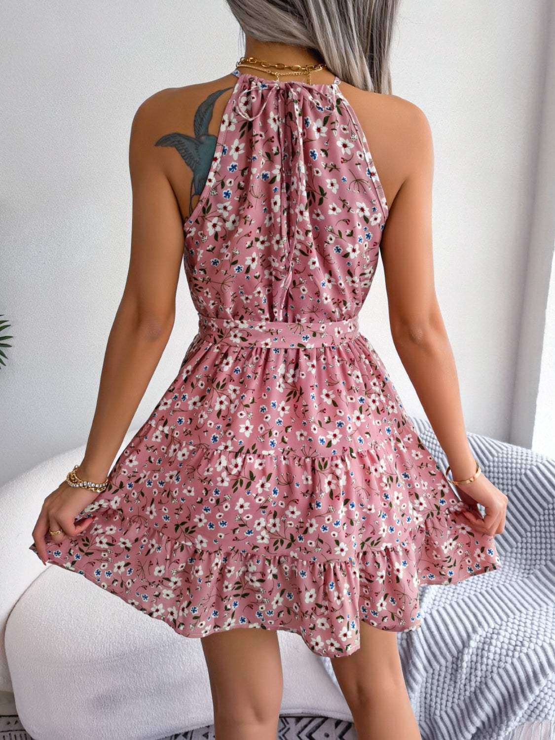 Tied Printed Grecian Neck Mini Dress Casual Dresses - Tophatter Daily Deals