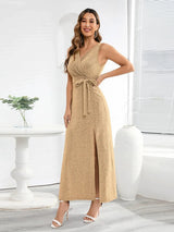 Slit Surplice Tie Waist Sleeveless Dress Cocktail Dresses - Tophatter Daily Deals