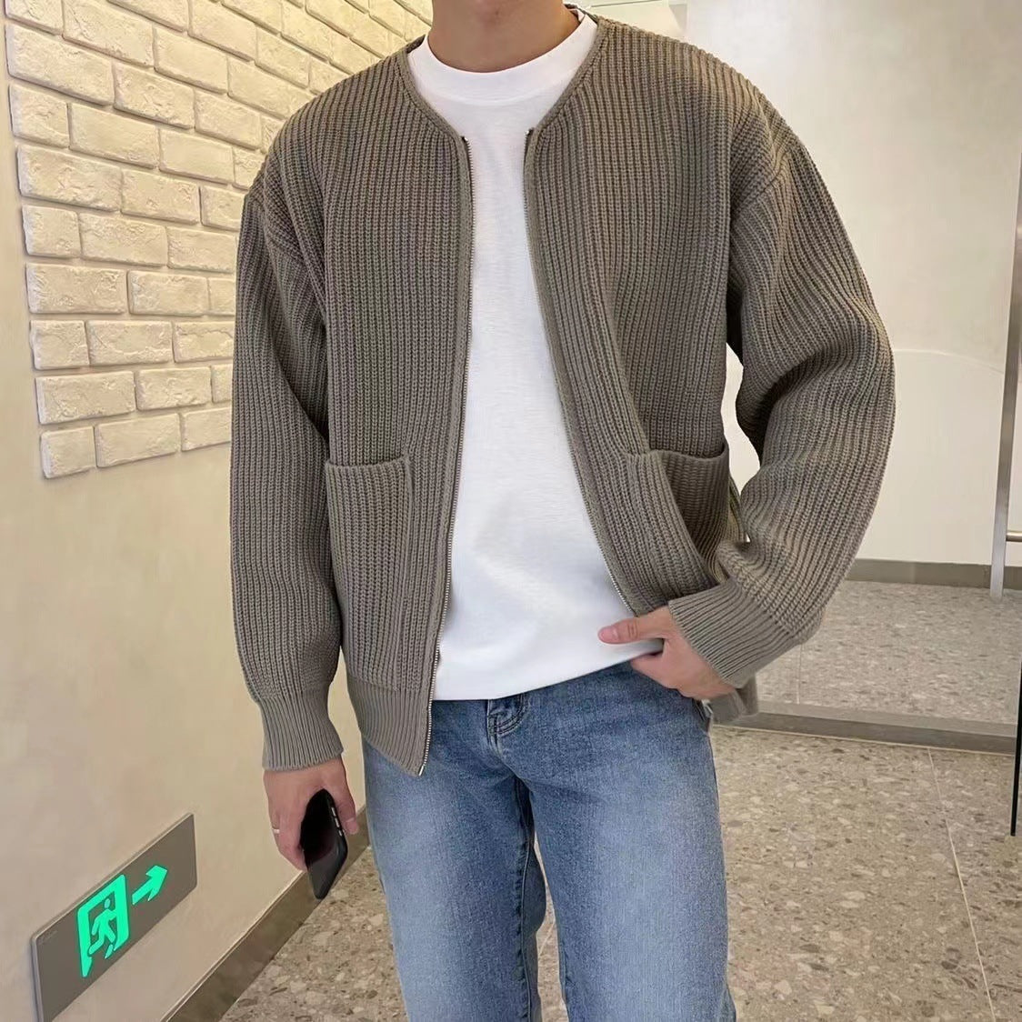 Lightweight Relaxed Men's Zip Cardigan - Boxy Knit, Lined Khaki 3D Changing Face Moving Picture Frame - Tophatter Daily Deals