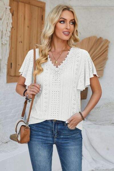 Eyelet Applique V-Neck Cap Sleeve T-Shirt White Women's T-Shirts - Tophatter Daily Deals