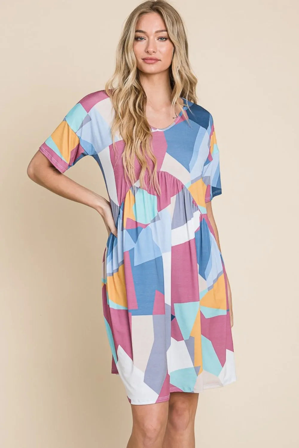 BOMBOM Ruched Color Block Short Sleeve Dress Casual Dresses - Tophatter Daily Deals