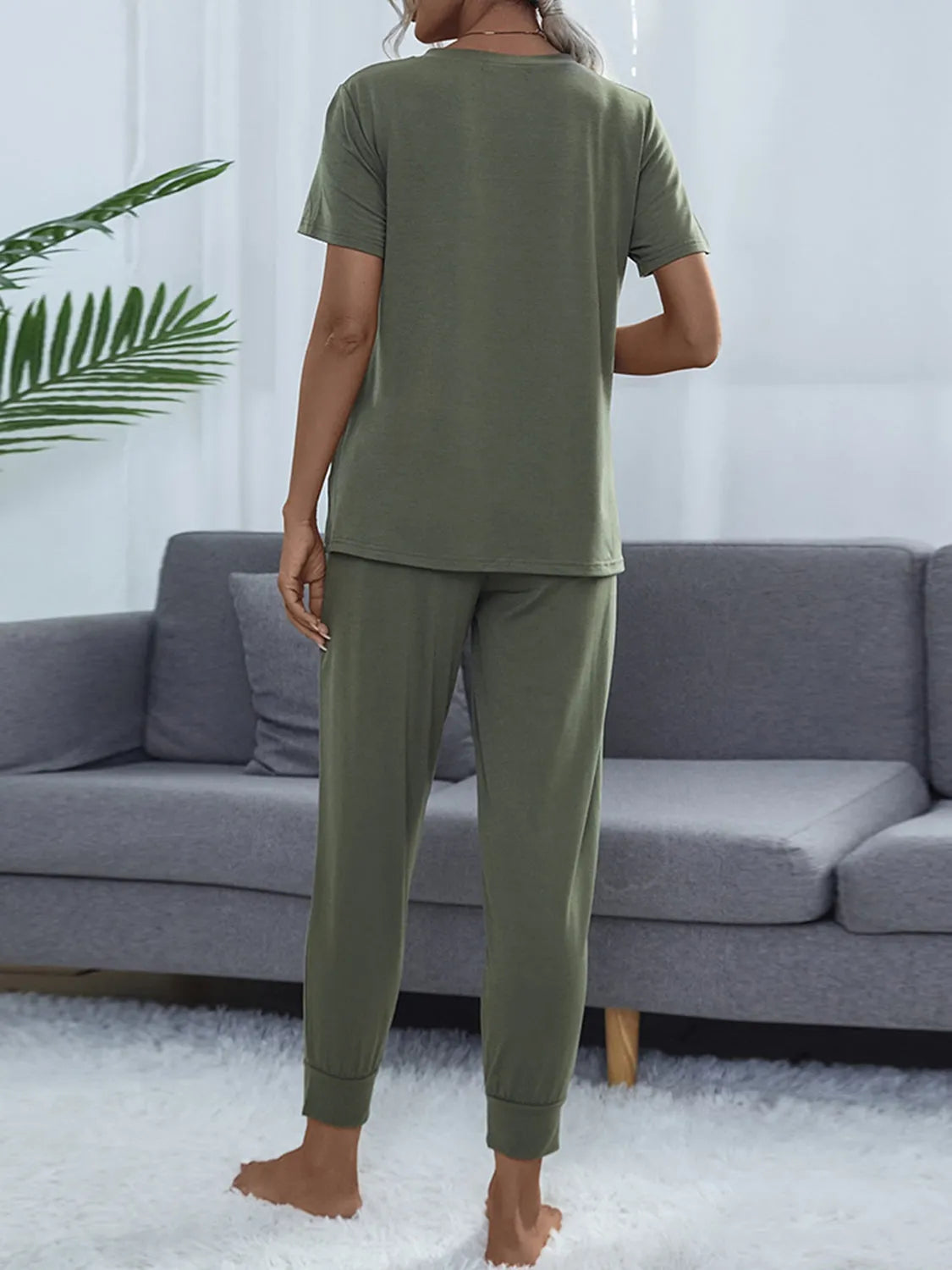 Round Neck Short Sleeve Top and Pants Set Loungewear Sets - Tophatter Daily Deals