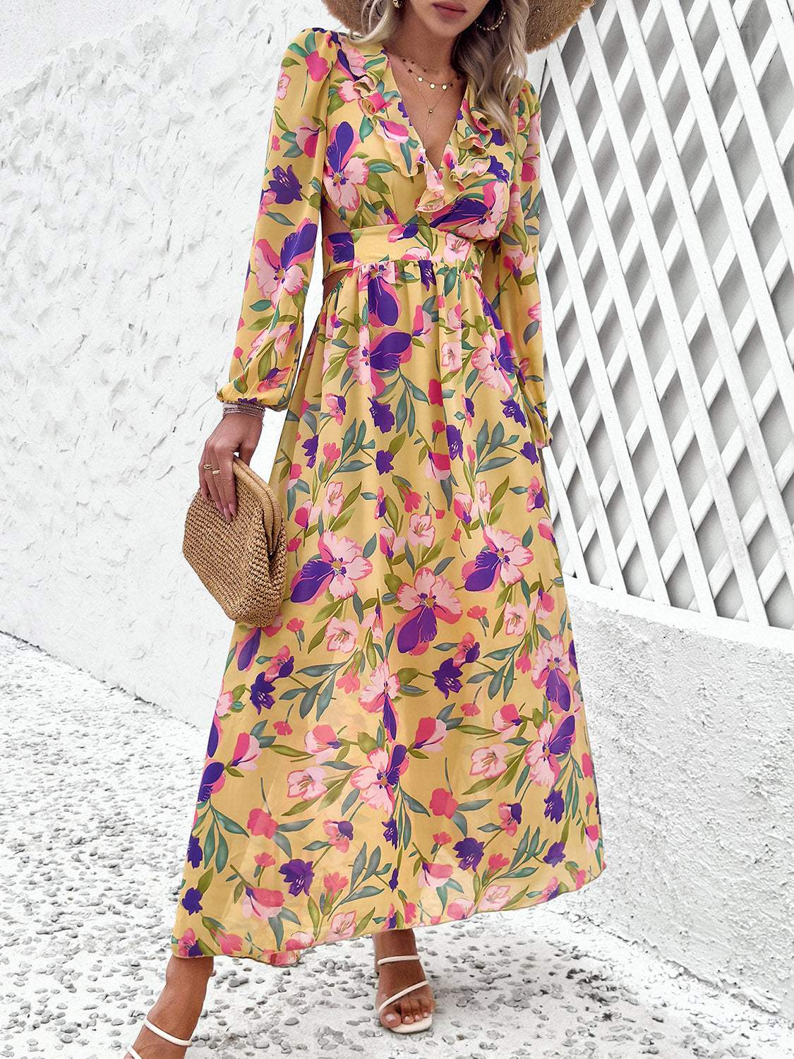 Cutout Printed V-Neck Balloon Sleeve Dress Casual Dresses - Tophatter Daily Deals