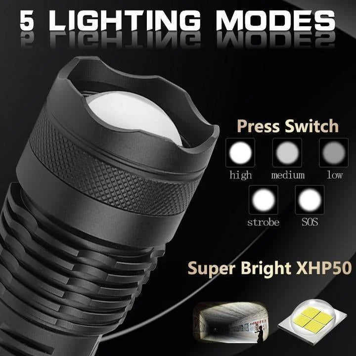 90000 Lumens XHP50.2 Zoom Flashlight USB Rechargeable - Tophatter Daily Deals