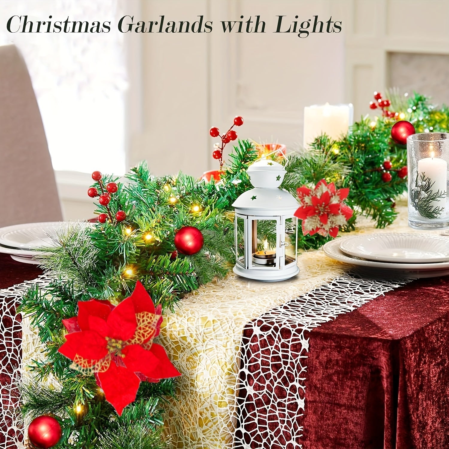 Lighted Christmas Wreath with Red Poinsettia Christmas - Tophatter Daily Deals