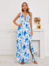 Slit Backless Printed Halter Neck Dress White Casual Dresses - Tophatter Daily Deals