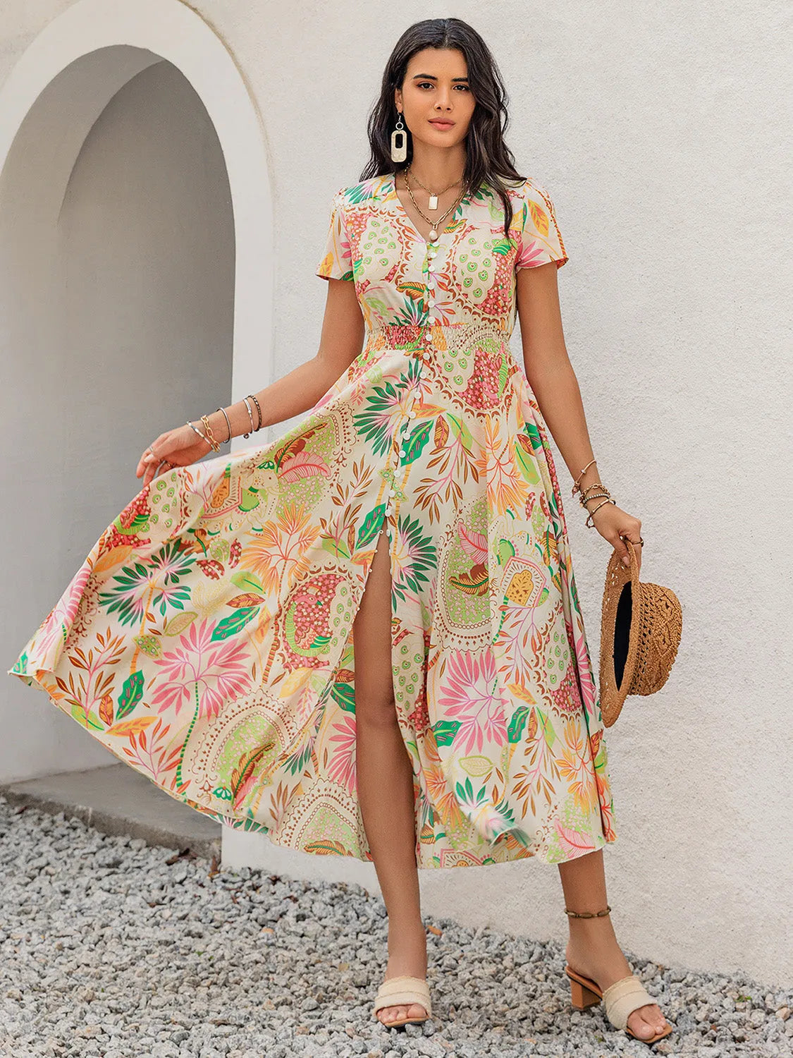 Printed V-Neck Short Sleeve Midi Dress Casual Dresses - Tophatter Daily Deals