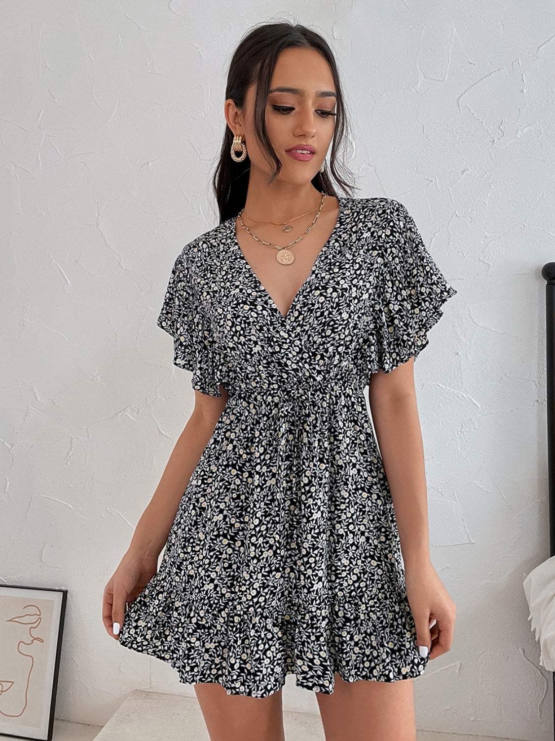 Cutout Ditsy Floral Surplice Flounce Sleeve Dress Casual Dresses - Tophatter Daily Deals