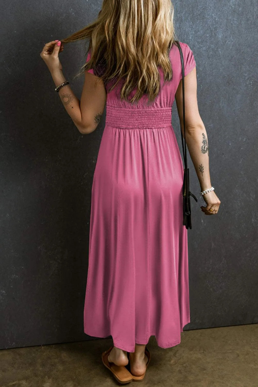 Smocked V-Neck Short Sleeve Dress Casual Dresses - Tophatter Daily Deals