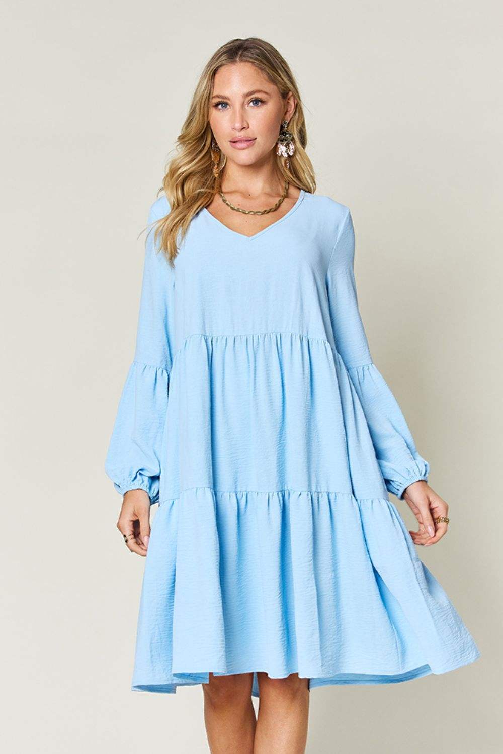 Double Take Full Size V-Neck Balloon Sleeve Tiered Dress Casual Dresses - Tophatter Daily Deals