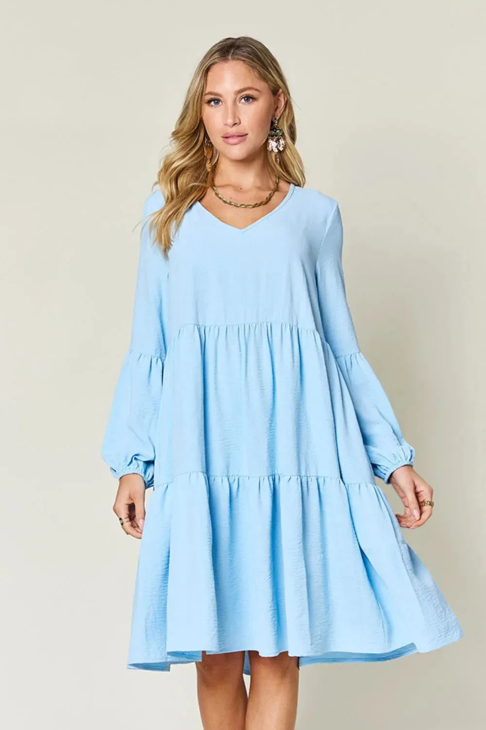 Double Take Full Size V-Neck Balloon Sleeve Tiered Dress Pastel Blue Casual Dresses - Tophatter Daily Deals