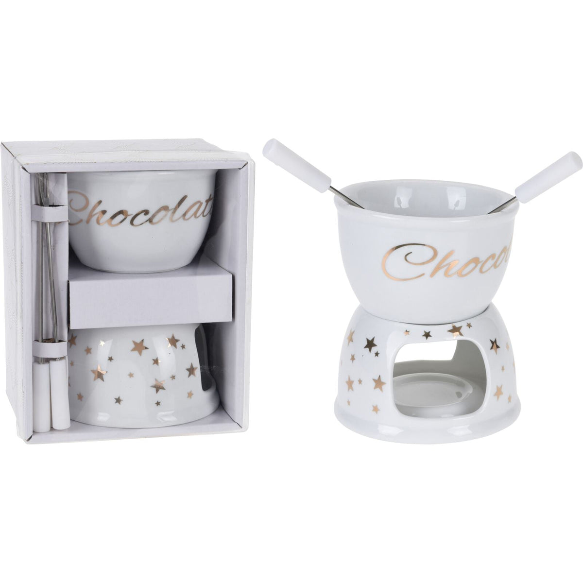 Chocolate Fondue Set | White Ceramic Tea Light Candle Fondue Pot with 2 Forks Fondue Set - Tophatter Daily Deals