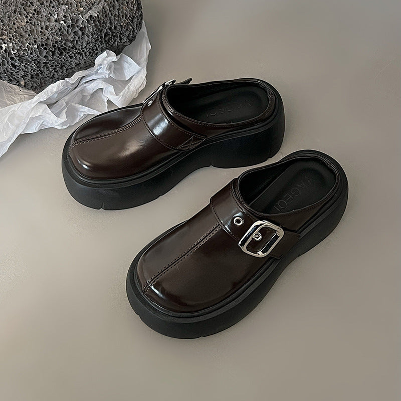 Black, Hidden Elevator Thick Bottom Toe Cap Half Slippers For Women Summer Brown 0 - Tophatter Daily Deals