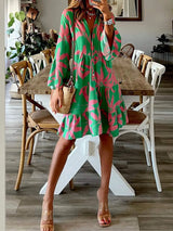 Printed Notched Long Sleeve Mini Dress Mid Green Casual Dresses - Tophatter Daily Deals