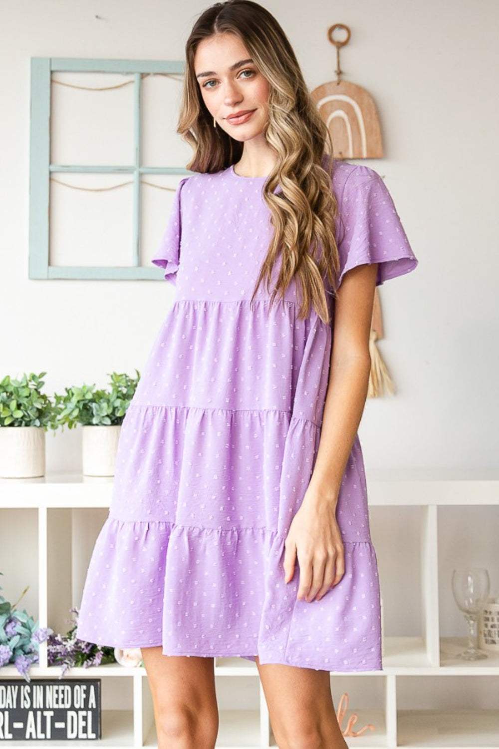 Heimish Full Size Swiss Dot Short Sleeve Tiered Dress Casual Dresses - Tophatter Daily Deals