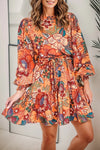 Tropical Print Tie Waist Lantern Sleeve Mini Dress Pumpkin Casual Dresses - Tophatter Daily Deals