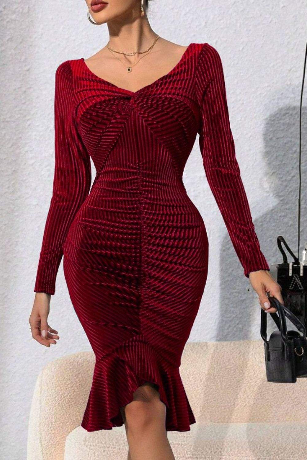 Ruched Twisted Long Sleeve Peplum Dress Wine Cocktail Dresses - Tophatter Daily Deals