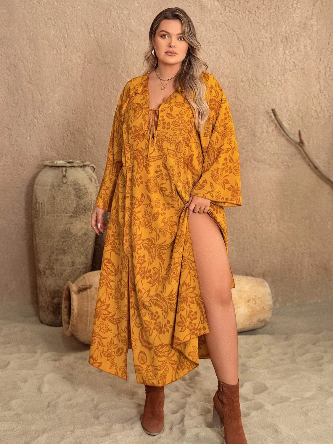 Plus Size Printed Slit Long Sleeve Dress Casual Dresses - Tophatter Daily Deals
