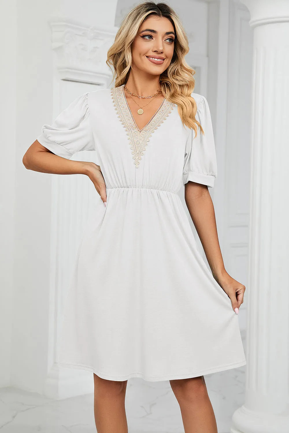 V-Neck Puff Sleeve Dress Casual Dresses - Tophatter Daily Deals