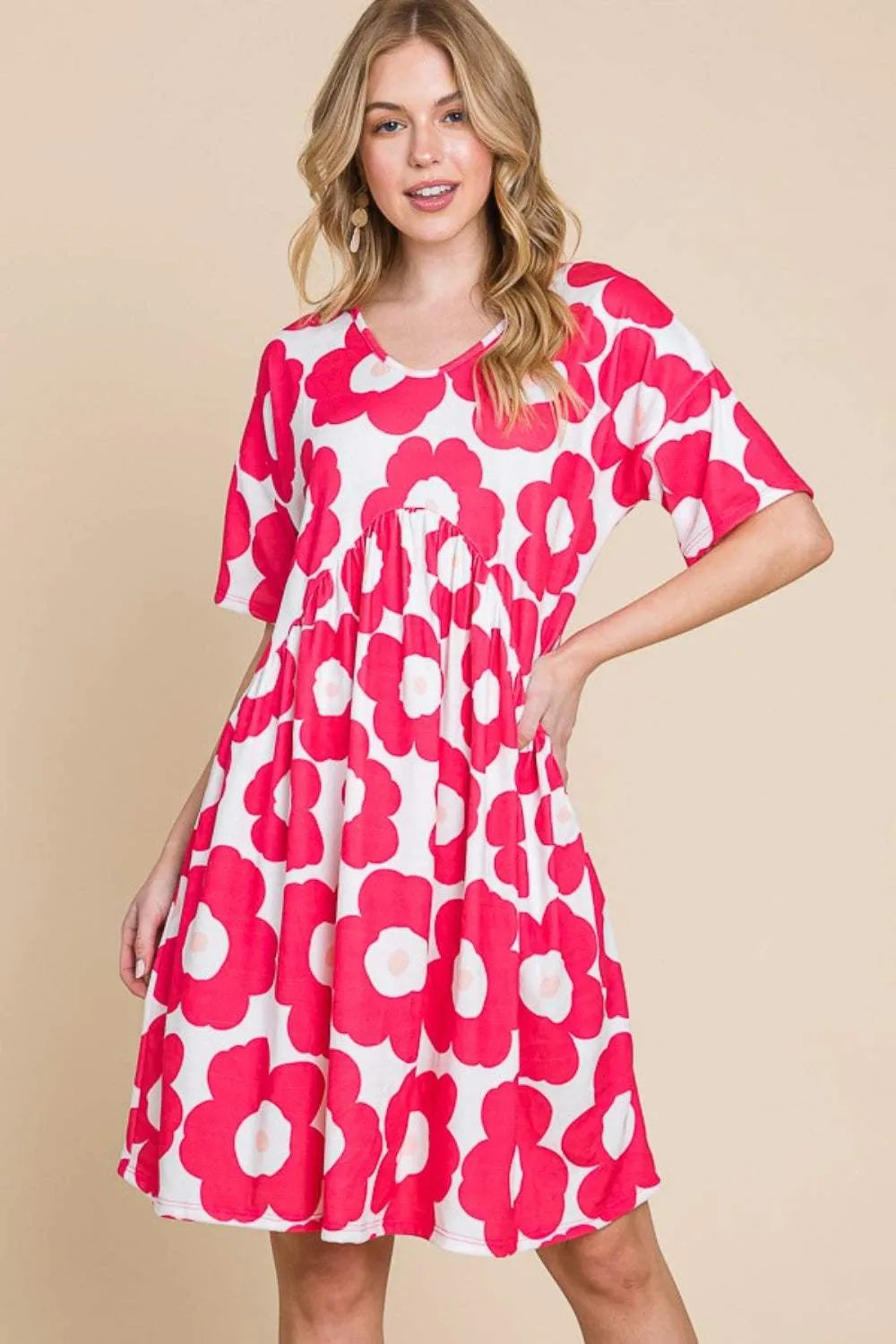 BOMBOM Flower Print Ruched Dress Fuchsia Casual Dresses - Tophatter Daily Deals