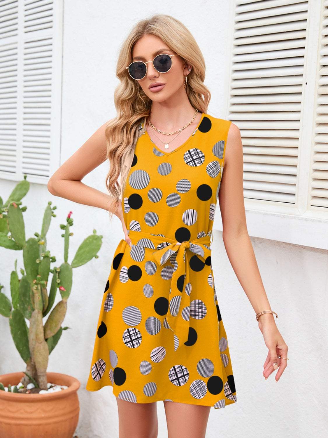 Tied Polka Dot V-Neck Dress True Yellow Casual Dresses - Tophatter Daily Deals