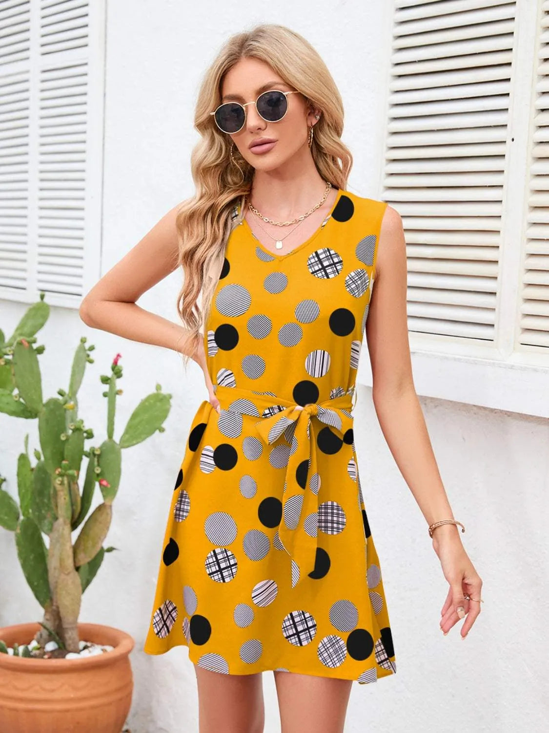 Tied Polka Dot V-Neck Dress True Yellow Casual Dresses - Tophatter Daily Deals