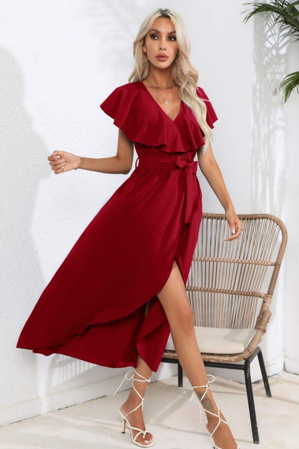 Ruffled Tied V-Neck Midi Dress Casual Dresses - Tophatter Daily Deals