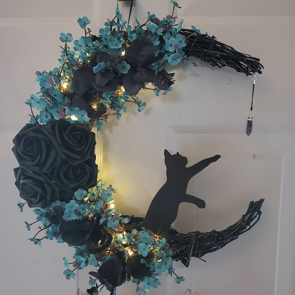 Gothic Cat Moon Wreath Halloween Door Decor - Tophatter Daily Deals