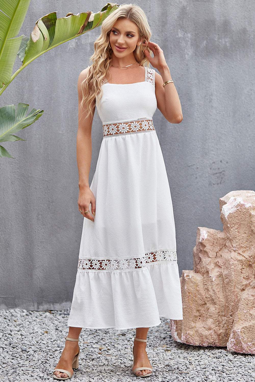 Flower Crochet Wide Strap Midi Dress Casual Dresses - Tophatter Daily Deals