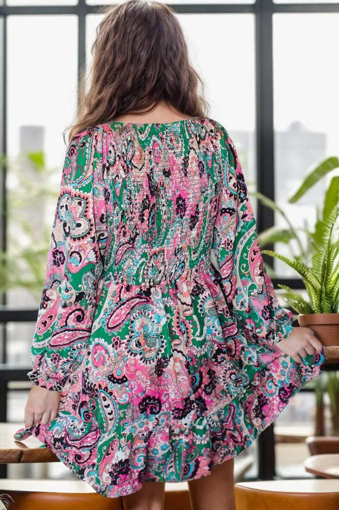 Printed V-Neck Long Sleeve Mini Dress Casual Dresses - Tophatter Daily Deals