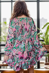 Printed V-Neck Long Sleeve Mini Dress Casual Dresses - Tophatter Daily Deals