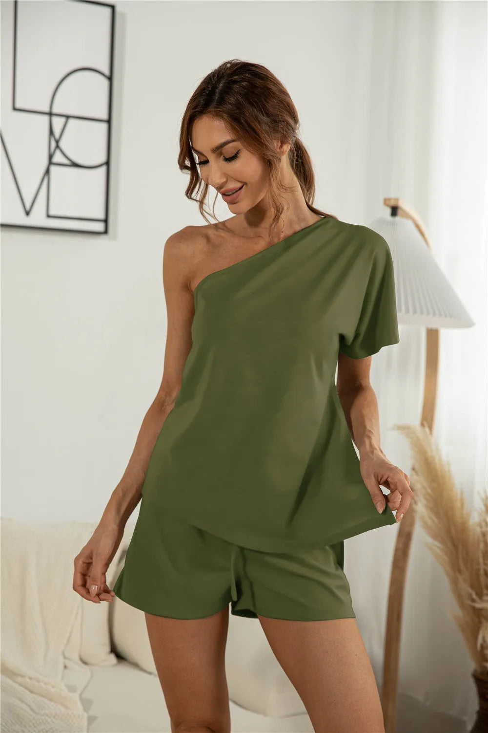 One Shoulder Asymmetry Top & Shorts Army Green Loungewear Sets - Tophatter Daily Deals