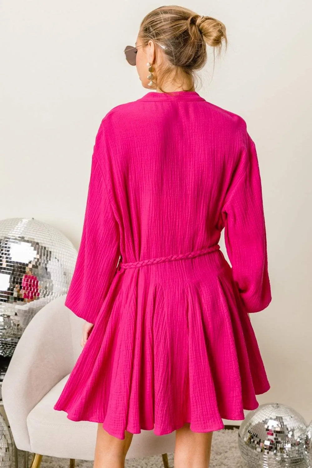 BiBi Button Up Texture Mini Dress with Braid Waist Strap Casual Dresses - Tophatter Daily Deals