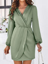 Ruched Surplice Long Sleeve Mini Dress Sage Casual Dresses - Tophatter Daily Deals