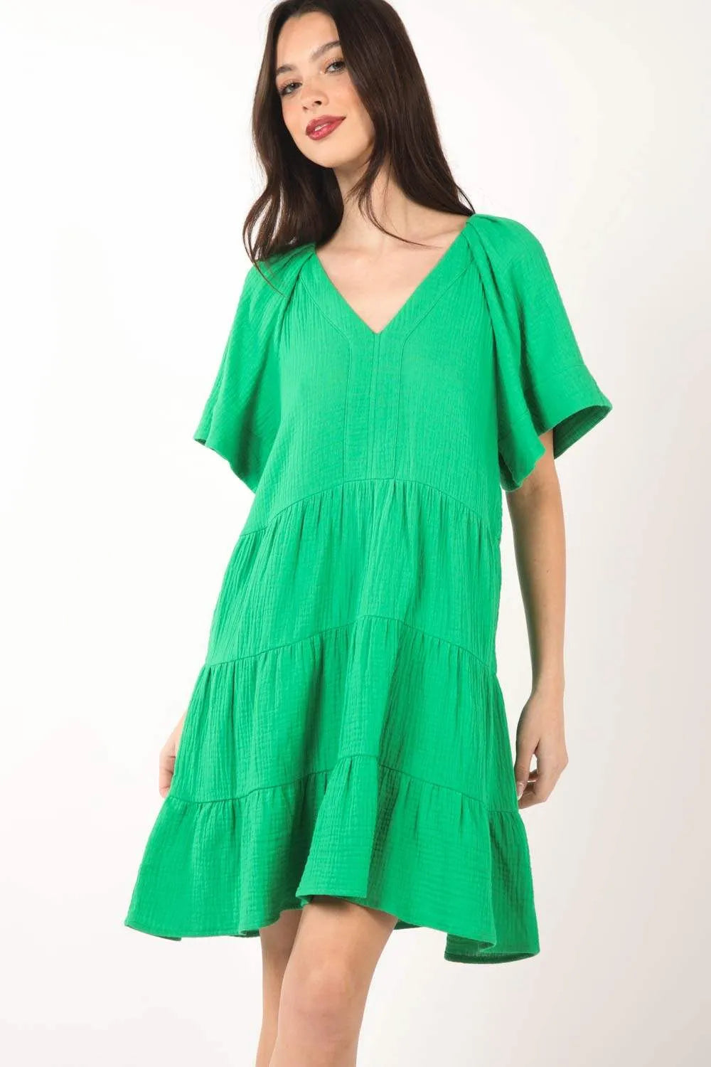 VERY J Texture V-Neck Ruffled Tiered Dress Green Casual Dresses - Tophatter Daily Deals