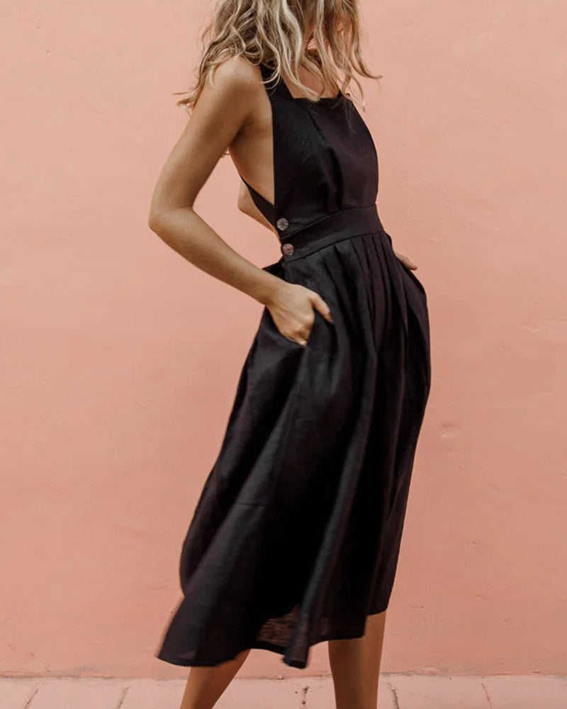 Strap Button Waist Pleated Dress Black S(4) Maxi Dresses - Tophatter Daily Deals