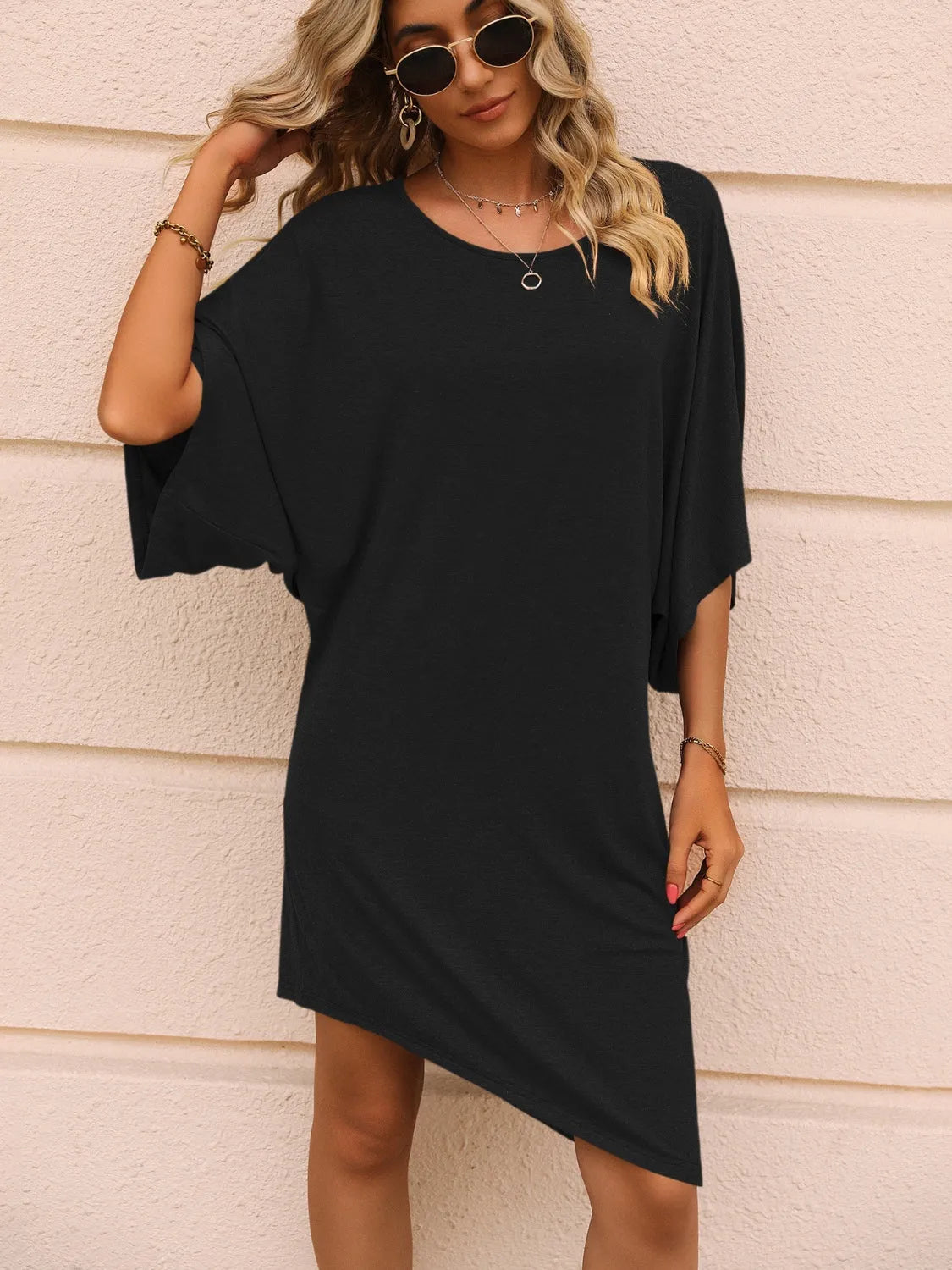 Round Neck Three-Quarter Sleeve Tee Dress Casual Dresses - Tophatter Daily Deals