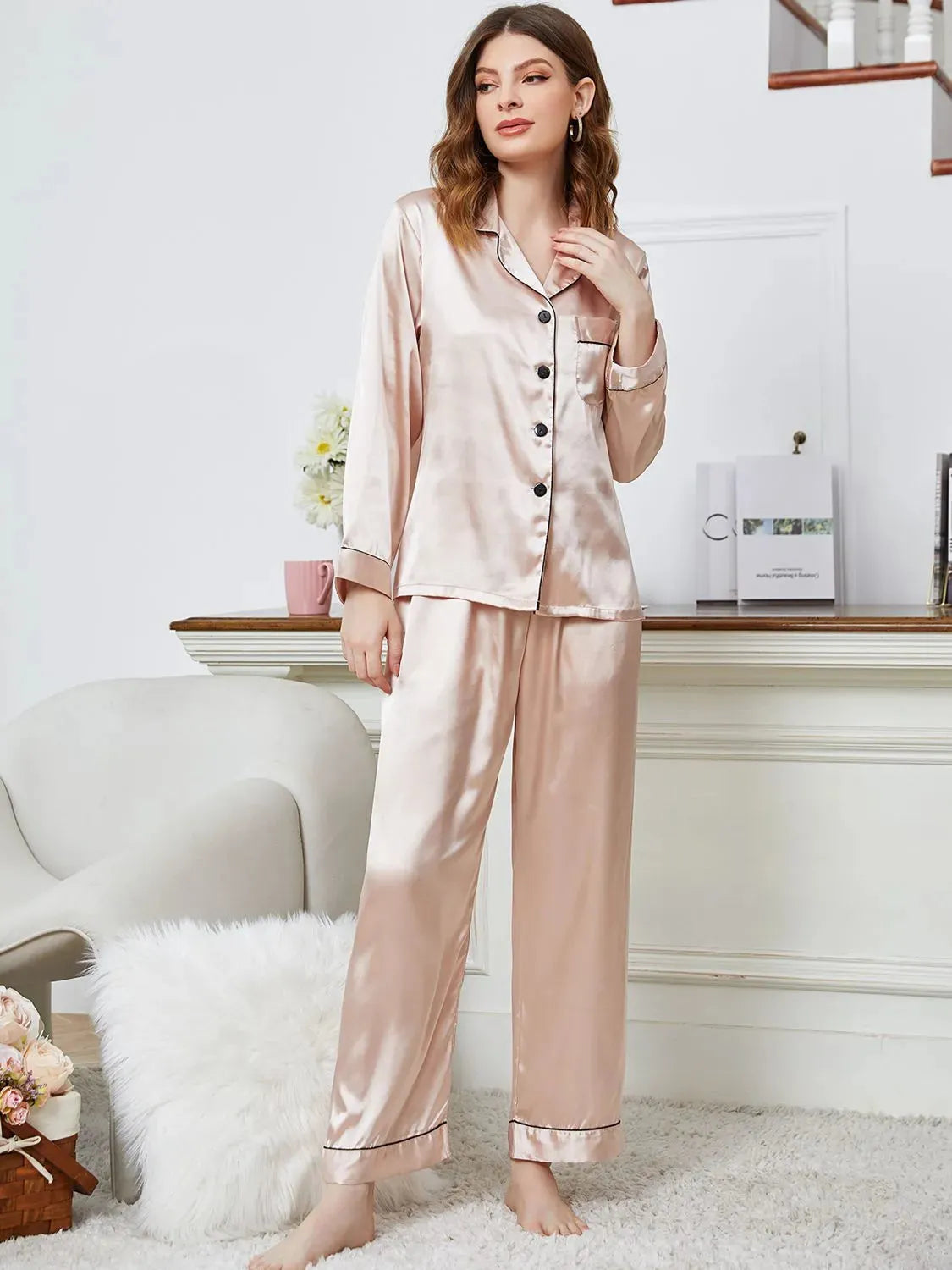 Lapel Collar Long Sleeve Top and Pants Pajama Set Loungewear Sets - Tophatter Daily Deals