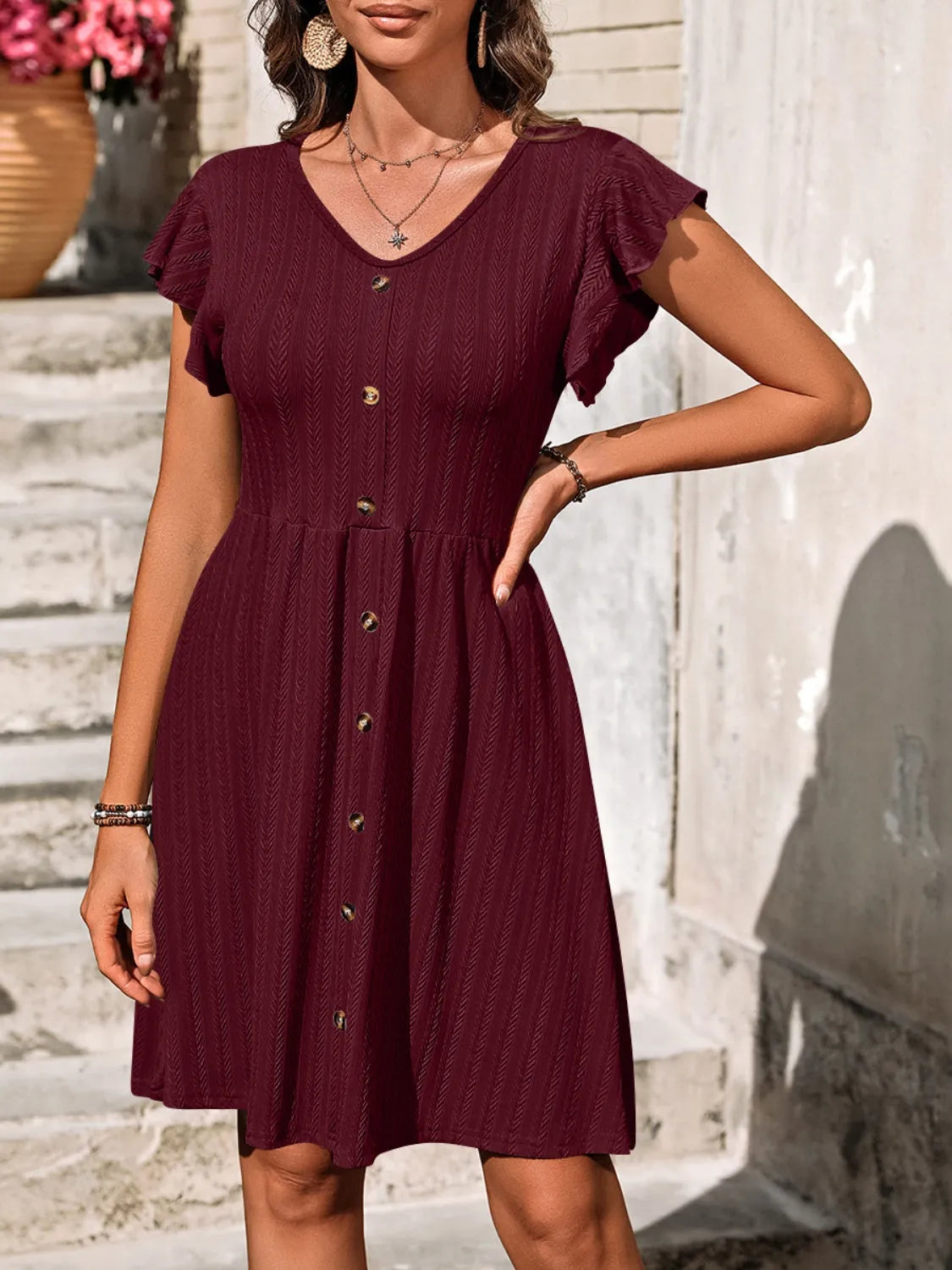 Decorative Button Ruffled V-Neck Dress Wine Casual Dresses - Tophatter Daily Deals