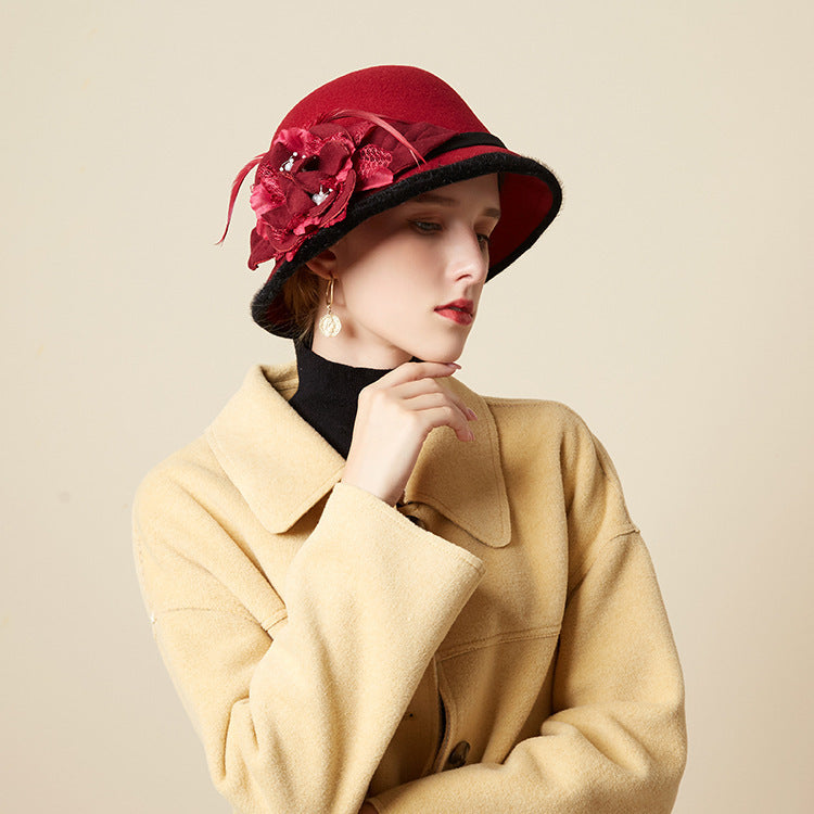 Black Brim Woolen British Feather Flower Top Hat 0 - Tophatter Daily Deals