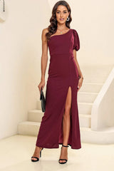 One shoulder Balloon Sleeve Slit Maxi Dress Brick Red Cocktail Dresses - Tophatter Daily Deals